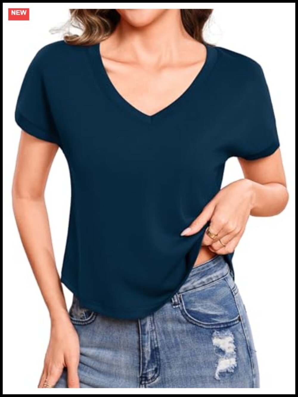 Cropped Cap Short Sleeve V Neck Loose Fit Tee Summer Casual Top